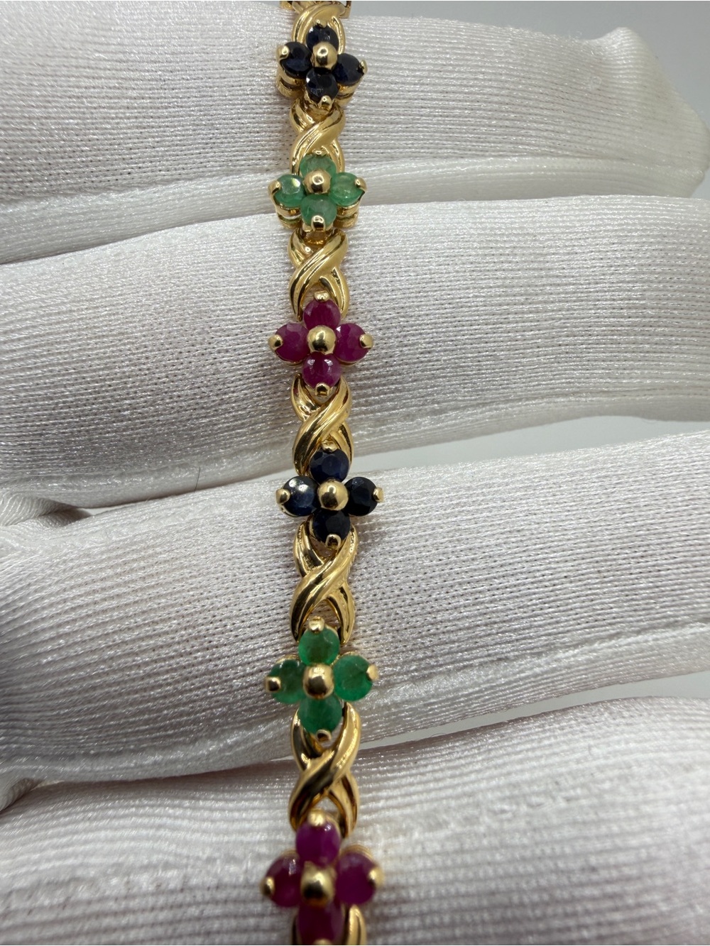 7" Vintage 4.84ctw Ruby, Sapphire, Emerald Flower Tennis Bracelet in 14kt YG! - Picture 9 of 12